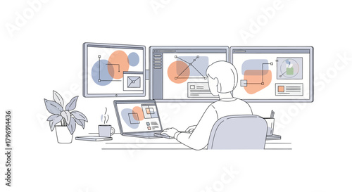 Digital artist working from home on a multi-monitor setup design studio environment