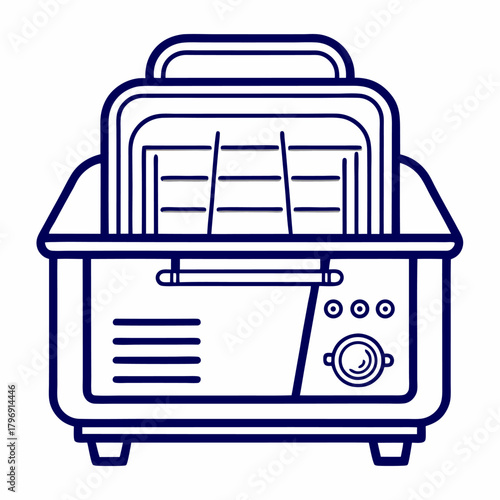 Dish washer outline on white background. Line art vector of Dishwasher, dish washing machine, dish cleaner, automatic dish washer, dishwashing appliance, dish cleaning machine. 