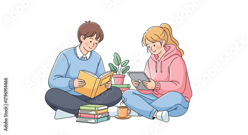 Cozy study session: Boy reading a book and girl using a tablet in a relaxed setting