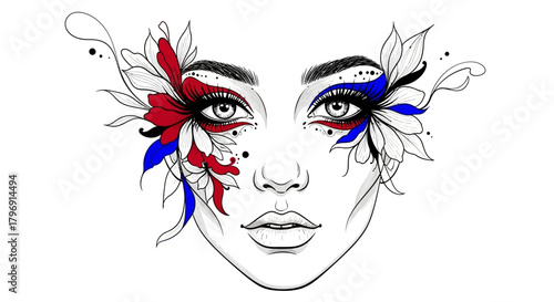 Floral artistry adorned visage with red and blue pigments elegant artistic rendition facial