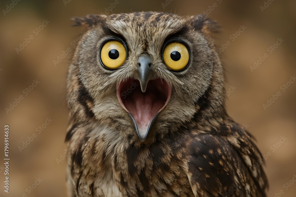 Fototapeta premium A close-up shot of an owl with wide-open yellow eyes and its beak open in a surprised or screaming expression.