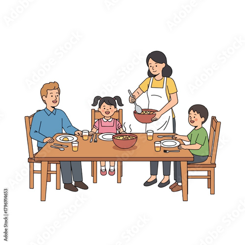 A happy family of four enjoying a meal together at the dining table.