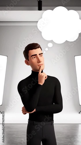 A cartoon man with a thought bubble points upward in a studio, suggesting thought