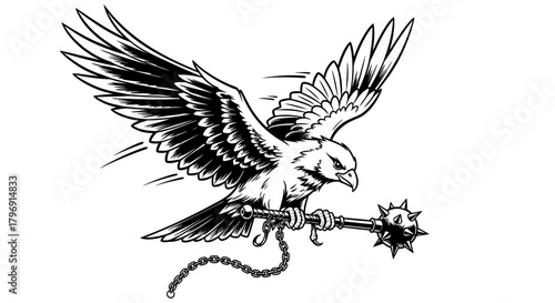 Soaring predator clutching a spiked mace delivering justice with unwavering resolve and avian power