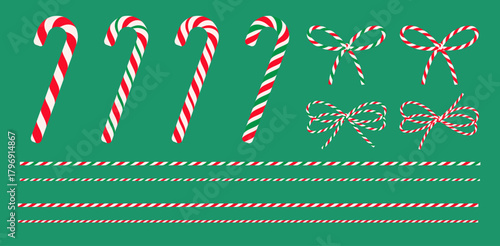 Set of Christmas striped candy cane, сotton red bakers twine bow, ribbon, packing thread. Hand drawn decorative element for gift box, present, card new year, banner sale. Isolated flat vector EPS1