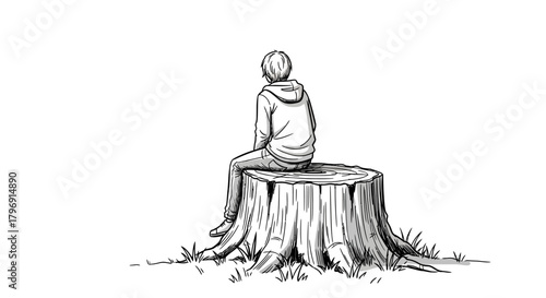 Conceptual illustration of a solitary figure resting on a tree stump contemplation