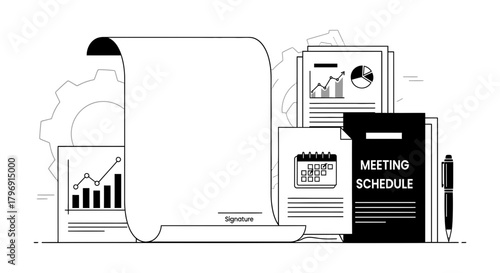A conceptual line art illustration combining business process management with financial reporting, scheduling, and document signing for workflow optimization