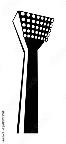 Modern stadium floodlight tower icon, depicted as a sharp black silhouette, symbolizing powerful sports arena illumination and evening event lighting with focused, high-intensity beams