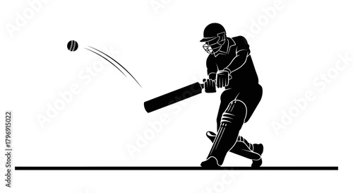 Silhouette of a cricketer in action, hitting the ball with a bat on a white background, symbolizing the sport's dynamism and athletic prowess