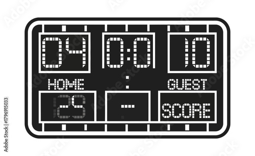Digital scoreboard displaying 'HOME 04' and 'GUEST 10' with a score of '29' for the home team, emphasizing competitive sports results and team performance metrics for enthusiasts
