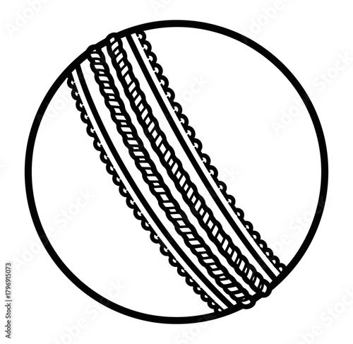 Cricket ball illustration in black and white, featuring detailed stitching and a circular shape, perfect for sports-themed designs and graphic elements. Whisk_lmnddhmzqz