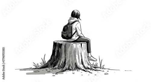 Solitude in Nature: A Thoughtful Moment on a Tree Stump Illustration Serene Scene