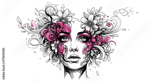 Intricate floral woman portrait artwork with detailed lines and a splash of pastel pink hue