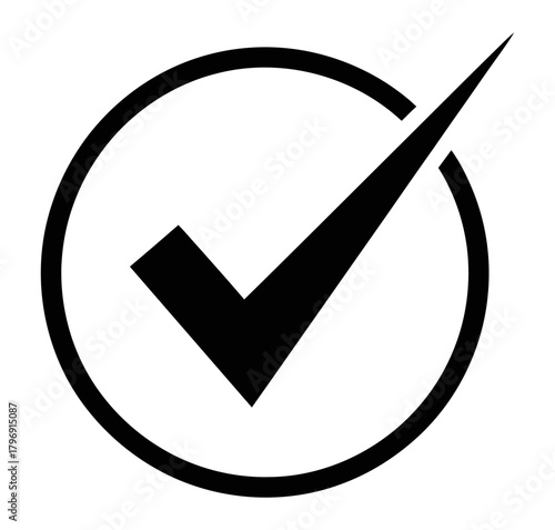 Essential black checkmark icon, a clear tick mark within a clean circular outline, symbolizing successful task completion, accurate selection, positive verification, and approval