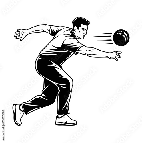 Vector illustration of a male bowler in action, mid-throw, focused on delivering the bowling ball with precision and power for a strike, isolated in black and white