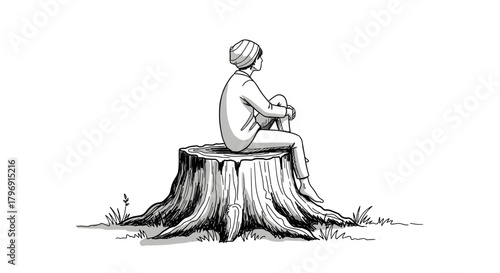 Monochrome sketch depicting a figure seated on a tree stump absorbed in thought