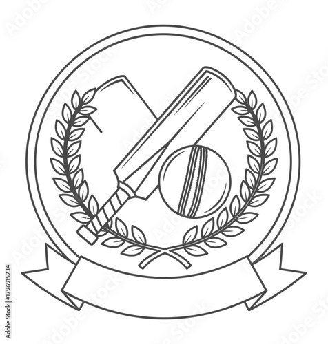 Emblem of Cricket Equipment Bat, Ball, Bail, and Laurel Wreath in a Classic Black and White Design for Sports and Recreational Activities