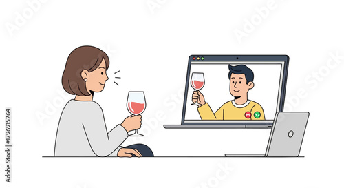 Virtual wine cheers friends connecting online with glasses raised through video chat