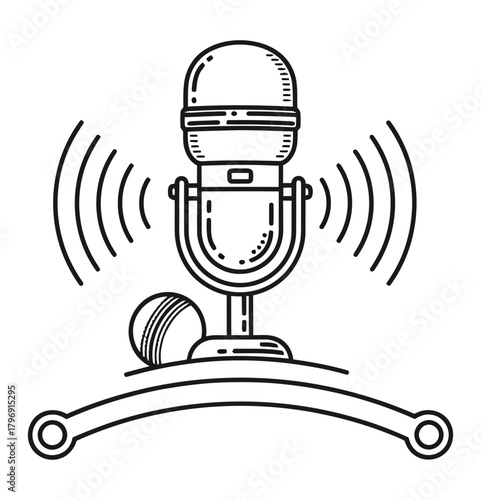 A minimalist black outline icon combining a classic broadcast microphone and a cricket ball, symbolizing sports audio production and analysis
