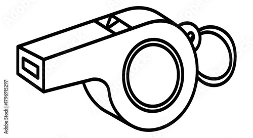 Classic sports whistle line art illustration. A black and white vector graphic of a referee or coach's tool for signaling during a game or emergency