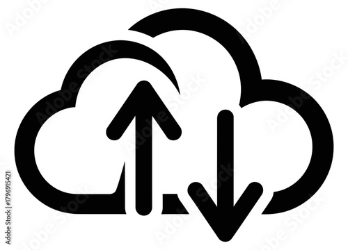 Abstract cloud icon with up and down arrows, representing secure data synchronization, efficient file transfer, and reliable online storage solutions for digital management