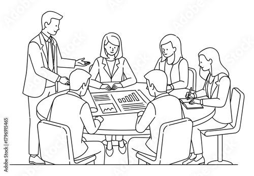 Business Meeting Outline Team Collaboration and Data Analysis in a Circular Table Setting for Strategic Planning and Professional Success