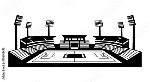 Bold black and white graphic icon of a modern sports stadium, a symmetrical vector illustration featuring grandstands, towering floodlights, and a central field