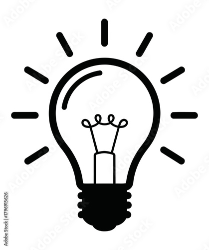 Black and white simple illustration of a light bulb with radiating lines symbolizing an idea or inspiration, perfect for concept visualization and creative thinking