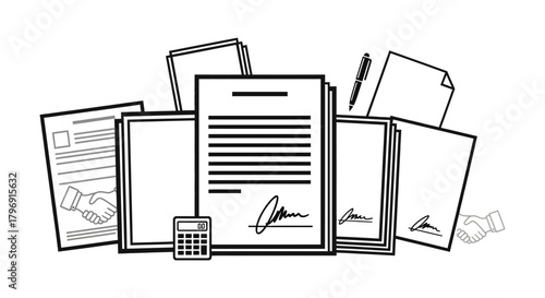 Professional business documents, contracts, and financial reports with a calculator and pen, symbolizing agreements, legal matters, and administrative tasks in a corporate setting