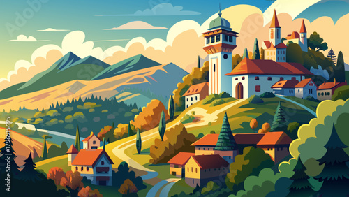 Very beautiful scenic view of the historic clock tower on Schlossberg Mountain in Graz, featuring its traditional architecture, hillside greenery, and a clear sky backdrop in a peaceful landscape sett