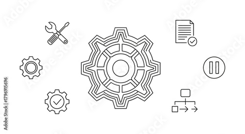 An outline illustration set combining elements of workflow automation, system development, configuration settings, and project management tools