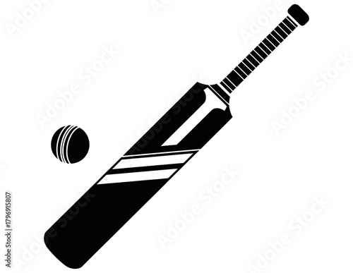 Cricket bat and ball illustration in black and white, a symbol of the sport, perfect for sports-themed designs, athletic promotions, and game-related content