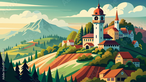 Very beautiful scenic view of the historic clock tower on Schlossberg Mountain in Graz, featuring its traditional architecture, hillside greenery, and a clear sky backdrop in a peaceful landscape sett