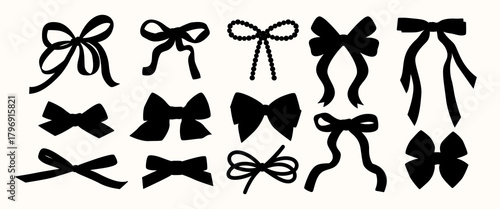 Set of hand drawn decorative Christmas ribbon bows for gifts, to decorate on white background. Bow black silhouette for gift wrapping for birthday, New Year. Isolated Flat Vector EPS10