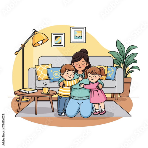 A mother lovingly embracing her son and daughter in a warm and cozy living room, illustrating family bonds and affection.