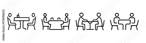 Modern vector illustration of a collaborative meeting table with chairs and people