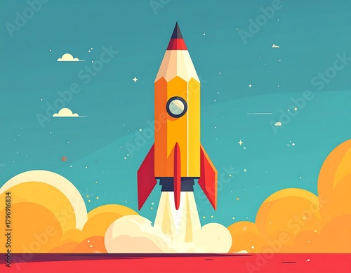 Illustration of a rocket shaped like a pencil, taking off with a fiery trail and clouds against a blue sky