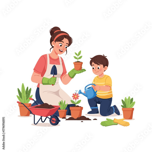 A mother and son happily gardening together, planting flowers and watering plants in pots.