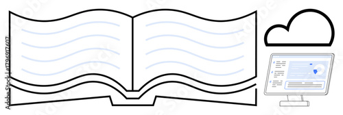 Open book with blue lines, cloud, and computer screen with analytics showcase education, e-learning, and cloud storage. Ideal for knowledge sharing, digital tools, e-books, cloud technology