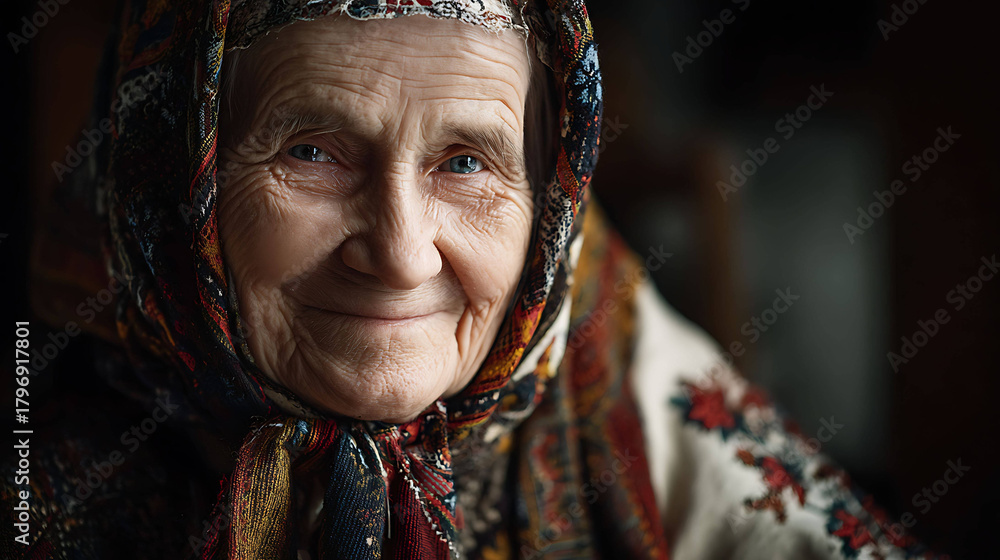 Fototapeta premium Smiling senior lady in cultural dress, natural light