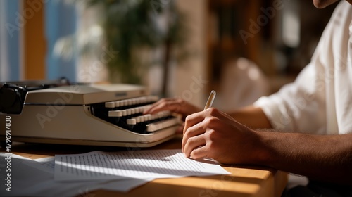 A focused writer sitting at a wooden desk, marking handwritten corrections on a manuscript freshly typed on a vintage typewriter, surrounded by scattered pages and soft afternoon light — a