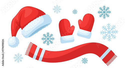 Festive Christmas Outfit - Santa Hat, Mittens, and Scarf with Snowflakes.