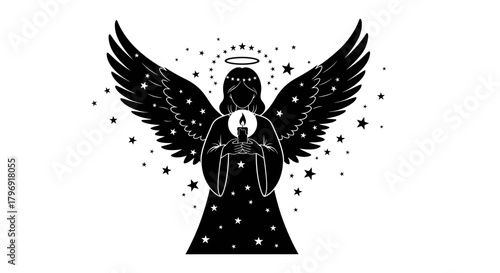 Silhouette of an Angel Holding a Candle with Wings.
