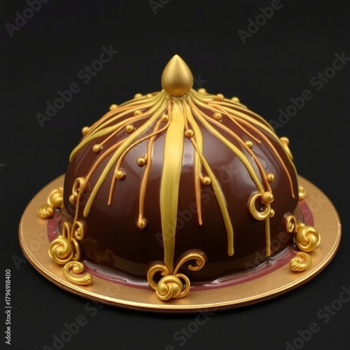 chocolate, cake, dessert, pastry, dome, golden, decoration, swirls, food, sweet, treat, bakery, confectionery, chocolate cake, gold, gourmet, delicious, indulgence, celebration, party, event, brown, p