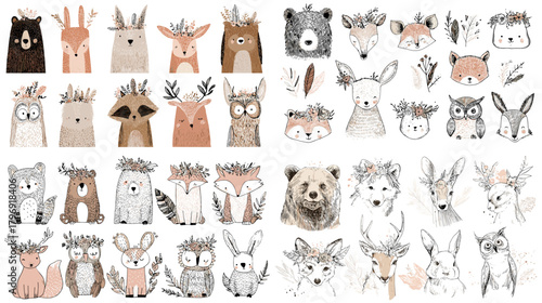 Cute woodland animal clipart featuring deer, fox, bear, owl, raccoon, and bunny faces in soft neutrals. Perfect for nursery decor, invitations, stickers, and kids designs.
