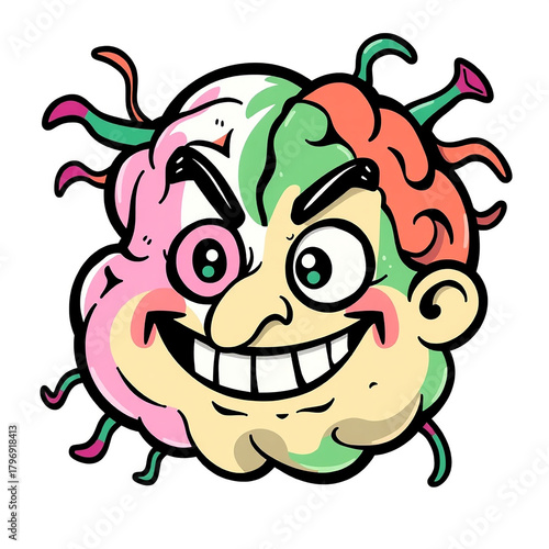 Cartoon virus character with a mischievous face and colorful spiky exterior