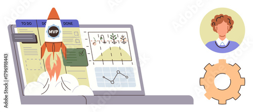 Rocket launching with MVP badge on laptop screen, charts, task board, user profile, gear. Ideal for startup planning, product launch, leadership, teamwork innovation productivity simple flat