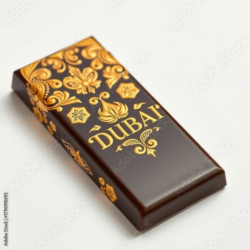 A rectangular chocolate bar with golden ornate designs and dubai lettering