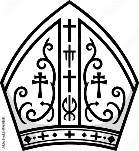 Bishop Mitre Hat Vector with Multiple Crosses and Ornamental Flourish