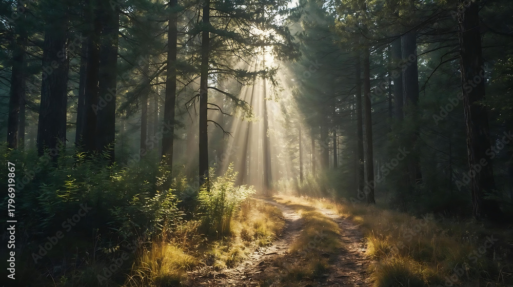 Fototapeta premium Forest Path with Sun Beams